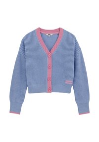 Cardigan blu lavorato a maglia con scollo a V, colletto e polsini a coste rosa, cinque bottoni rosa e un piccolo dettaglio logo rosa sul davanti.
