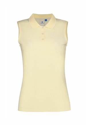 Bezrekawnikowa bladożółta koszulka polo z trzema guzikami i kołnierzykiem z białym obszyciem.