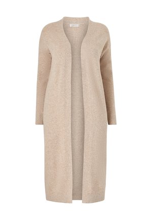 Cardigan lungo beige realizzato in materiale a maglia testurizzato. Design aperto frontale con maniche lunghe e senza chiusure. Stile minimalista.