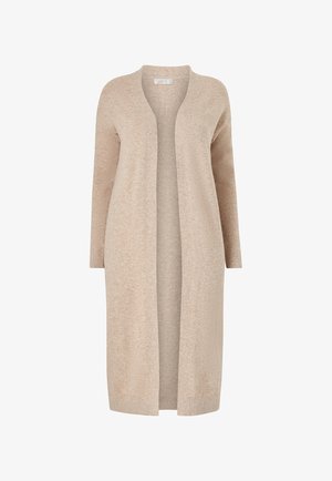 Beżowy długi kardigan wykonany z teksturowanej dzianiny. Otwarte z przodu z długimi rękawami i bez zapięć. Minimalistyczny styl.