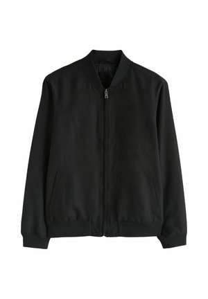 Black zip-up bomber jacket with ribbed collar, cuffs, and hem, and two side pockets.
