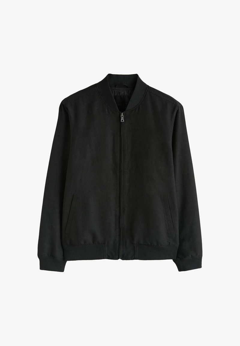 Zwarte bomberjack met rits, geribde kraag, manchetten en zoom, en twee zijzakken.