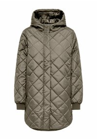 Zimska prešita jakna z kapuco v olivno zeleni barvi, z diamantnimi vzorci, elastičnimi manšetami in bočnimi žepi za funkcionalnost.