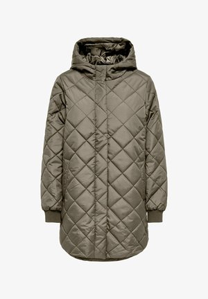 Gewatteerde winterjas met capuchon in olijfgroen, met diamantpatronen, elastische manchetten en zijzakken voor functionaliteit.