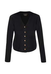 Czarny dziergany kardigan z dekoltem w szpic, z teksturowanym wzorem, długimi rękawami i miedzianymi guzikami na przodzie.