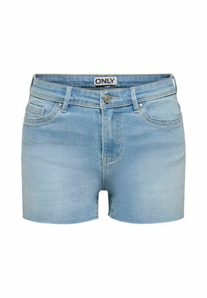 Lyseblå denimshorts med forreste knap og lynlås, bæltestropper og design med fem lommer, mærket "ONLY" på linningen.