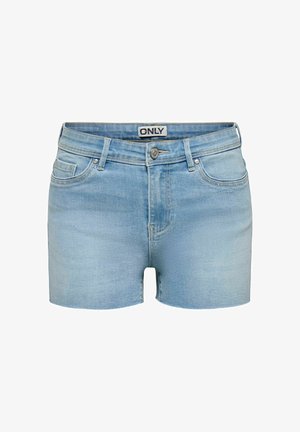 Lyseblå denimshorts med forreste knap og lynlås, bæltestropper og design med fem lommer, mærket "ONLY" på linningen.