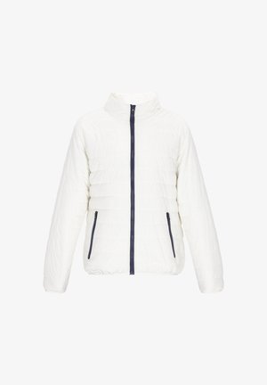 Valkoinen puhvijakku korkealla kauluksella, laivastonsinisin vetoketjuin ja kahdella sivutaskulla. Teksturoitu kangas, jossa vaakasuora ompeluyksityiskohta.