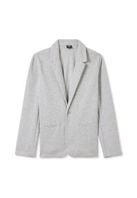 Blazer grigio chiaro realizzato in tessuto morbido. Caratterizzato da colletto a rever, chiusura con un bottone e due tasche frontali. Forma sartoriale.