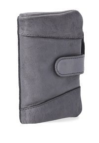 Gray leather wallet with a textured finish, featuring a curved design and a snap closure. Includes visible stitching and an accent strap.