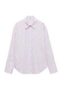 Chemise à manches longues rose clair avec des rayures verticales bleues et blanches, devant boutonné, poche poitrine unique et col pointu.