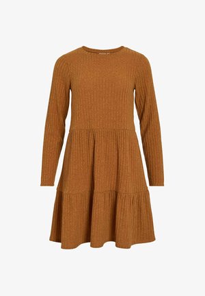 Vestido marrón de canalé con mangas largas, escote redondo y falda en capas. Textura suave y sutiles variaciones de color en todo el diseño.