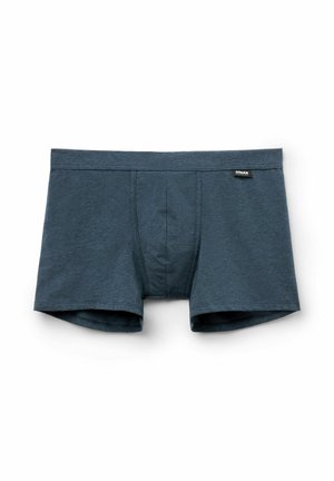 Mænds boxershorts i mørkeblå, lavet af bomuldsblanding, med elastisk talje og en let frontlomme. Blød tekstur, uden mønstre.