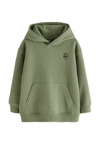 Sweat à capuche vert olive avec poche avant et petit logo noir de crâne portant des écouteurs sur la poitrine.
