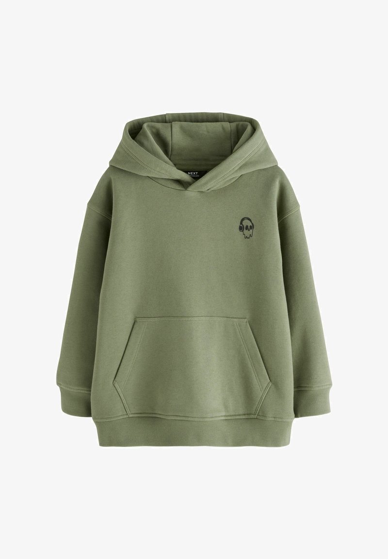 Grüne Sweatjacke mit Kapuze, ausgestattet mit einer vorderen Tasche und einem kleinen schwarzen Schädellogo. Hergestellt aus weichem, strukturiertem Stoff.