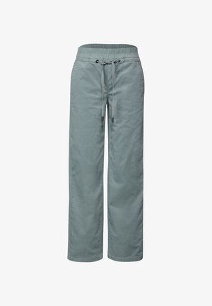 Pantalones de corte relajado en gris claro con una cinturilla elástica, cierre de cordón y bolsillos laterales. Tejido suave y texturizado, diseño de pierna recta.