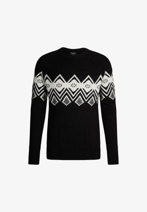 Czarny sweter z białym geometrycznym wzorem na piersi. Wykonany z teksturowanej dzianiny, z okrągłym dekoltem i ściągaczami przy mankietach.