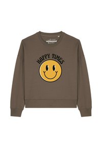 Bruine sweatshirt met een cropped ontwerp, voorzien van een grote gele glimlachende gezicht graphic en de tekst "HAPPY TIMES" erboven.