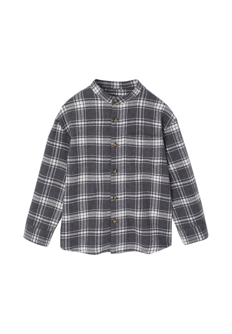 Grau-weiße kariertes Hemd mit Kragen, langen Ärmeln und Knopfverschluss. Weicher Stoff und lockere Passform. Die Knöpfe sind braun.