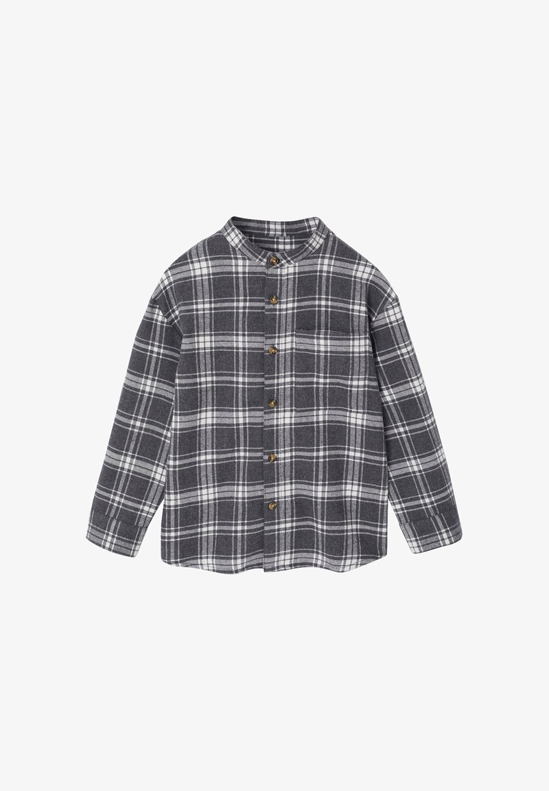 Grau-weiße kariertes Hemd mit Kragen, langen Ärmeln und Knopfverschluss. Weicher Stoff und lockere Passform. Die Knöpfe sind braun.