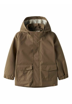 Braune Kapuzenjacke mit vorderen Klappentaschen, elastischen Bündchen und verdecktem Frontreißverschluss.