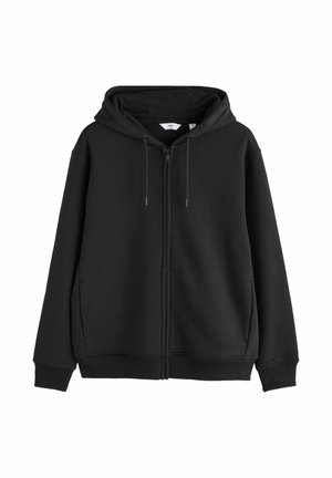 Zwarte zip-up hoodie van zachte stof, met een gevoerde capuchon, trekkoorden, voorzakken en ribgebreide manchetten en zoom.
