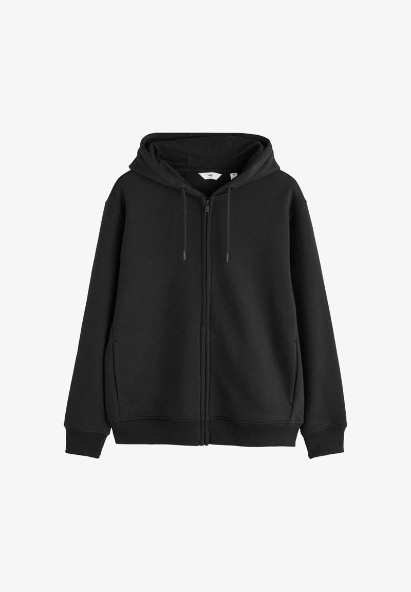 Felpa nera con zip realizzata in tessuto morbido, dotata di cappuccio foderato, cordini, tasche frontali e polsini e orlo a coste.