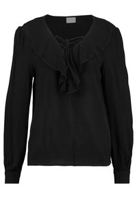 Blusa nera a maniche lunghe con scollatura a V, colletto arricciato, dettaglio con lacci sul davanti e polsini elastici. Tessuto dalla texture liscia.