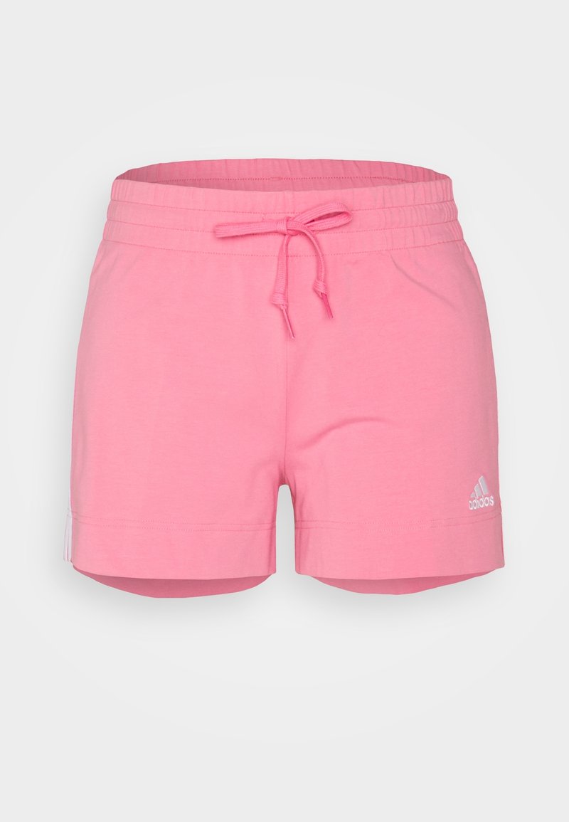 Pantalones cortos de algodón rosa con cintura elástica y cordón. Presentan un logo blanco de Adidas en el lado inferior derecho y franjas laterales.