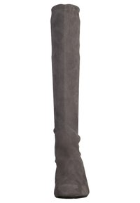 Gray over-the-knee boots made of soft suede. They feature a fitted design with no visible hardware or accents. Smooth texture throughout.