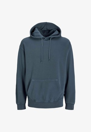 Kapuzensweatshirt in Dunkelblau, aus weichem Stoff gefertigt. Verfügt über eine Kängurutasche, Zugbänder und gerippte Bündchen und Saum.