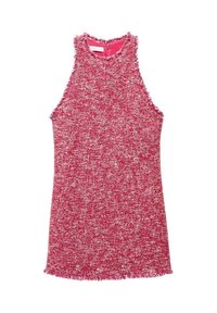 Robe sans manches en tweed rouge avec bords effilochés. Tissu texturé avec un col haut et une fermeture éclair au dos.