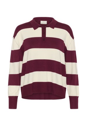 Wine and cream striped polo sweater with a collar and three buttons. Relaxed fit with long sleeves and a textured knit fabric.