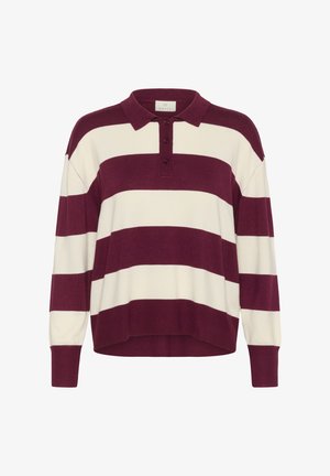 Polo pulover v vinsko rdeči in kremni črtasti barvi s ovratnikom in tremi gumbi. Ohlapen kroj z dolgimi rokavi in strukturirano pletenino.