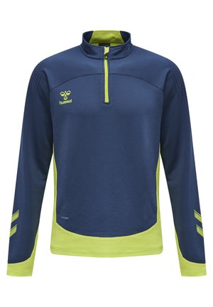 Granatowy sportowy pulower z limonkowymi akcentami, zapinany na zamek kołnierz, teksturowany materiał oraz wentylacyjne detale na rękawach. Logo Hummel na piersi.