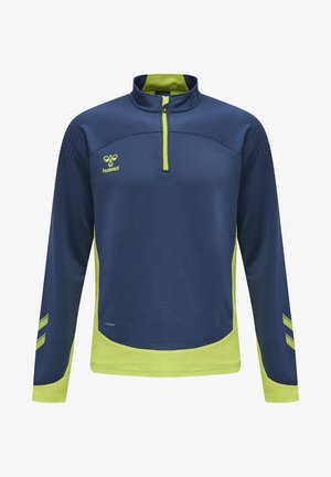 Granatowy sportowy pulower z limonkowymi akcentami, zapinany na zamek kołnierz, teksturowany materiał oraz wentylacyjne detale na rękawach. Logo Hummel na piersi.