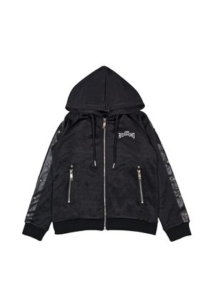Felpa nera con zip e cappuccio, caratterizzata da un corpo testurizzato, pannelli laterali lucidi simili al cuoio e accenti metallici argento alla moda.