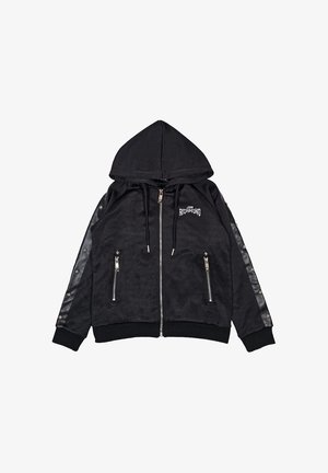 Felpa nera con zip e cappuccio, caratterizzata da un corpo testurizzato, pannelli laterali lucidi simili al cuoio e accenti metallici argento alla moda.