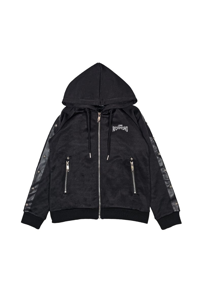 Felpa nera con zip e cappuccio, caratterizzata da un corpo testurizzato, pannelli laterali lucidi simili al cuoio e accenti metallici argento alla moda.