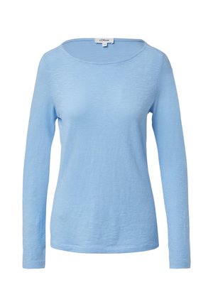Hellblaues Langarmshirt aus weichem, strukturiertem Stoff. Verfügt über einen weiten, runden Ausschnitt und einen geraden Saum. Keine sichtbaren Muster oder Akzente.