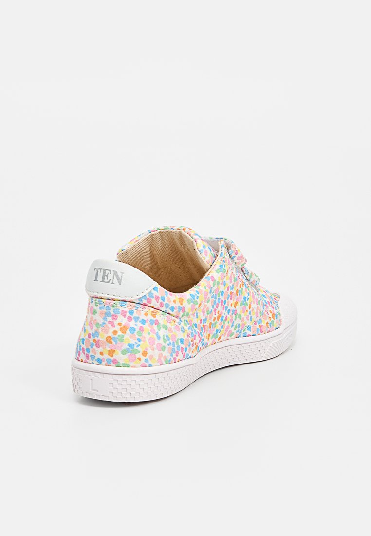 Bunte Leinenschuhe mit einem gesprenkelten Muster in Pastellfarben. Weiße Sohle und Ferse mit Logodetail. Niedriger Profilentwurf.