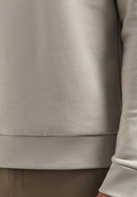 Lichtgrijze trui gemaakt van zachte stof. Voorzien van een geribbelde zoom en manchetten, met een gladde textuur en minimale ontwerpdetails.