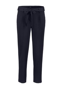 Pantalons slim-fit bleu marine à taille haute avec ceinture à nouer, dotés de poches latérales et d'une coupe droite.