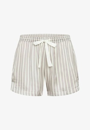 Pantalones cortos de color gris claro con rayas verticales blancas, cintura elástica con cordón y un corte holgado. La tela parece suave y ligera.