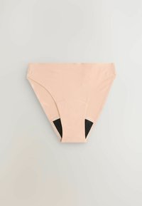 Brzoskwiniowy dół bikini z czarnymi panelami bocznymi, wykonany z gładkiego materiału, z wysokim krojem i minimalnymi detalami szycia.