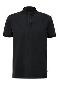 Zwart poloshirt met korte mouwen van gestructureerde stof, met een klassieke kraag, een drie-knopen verstelbare sluiting en gestikte accenten.
