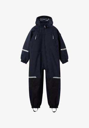 Navy blauwe waterdichte kinder overall met capuchon, ritssluiting aan de voorkant, met rits afsluitbare borstzakken, reflecterende strips en voetbandjes.