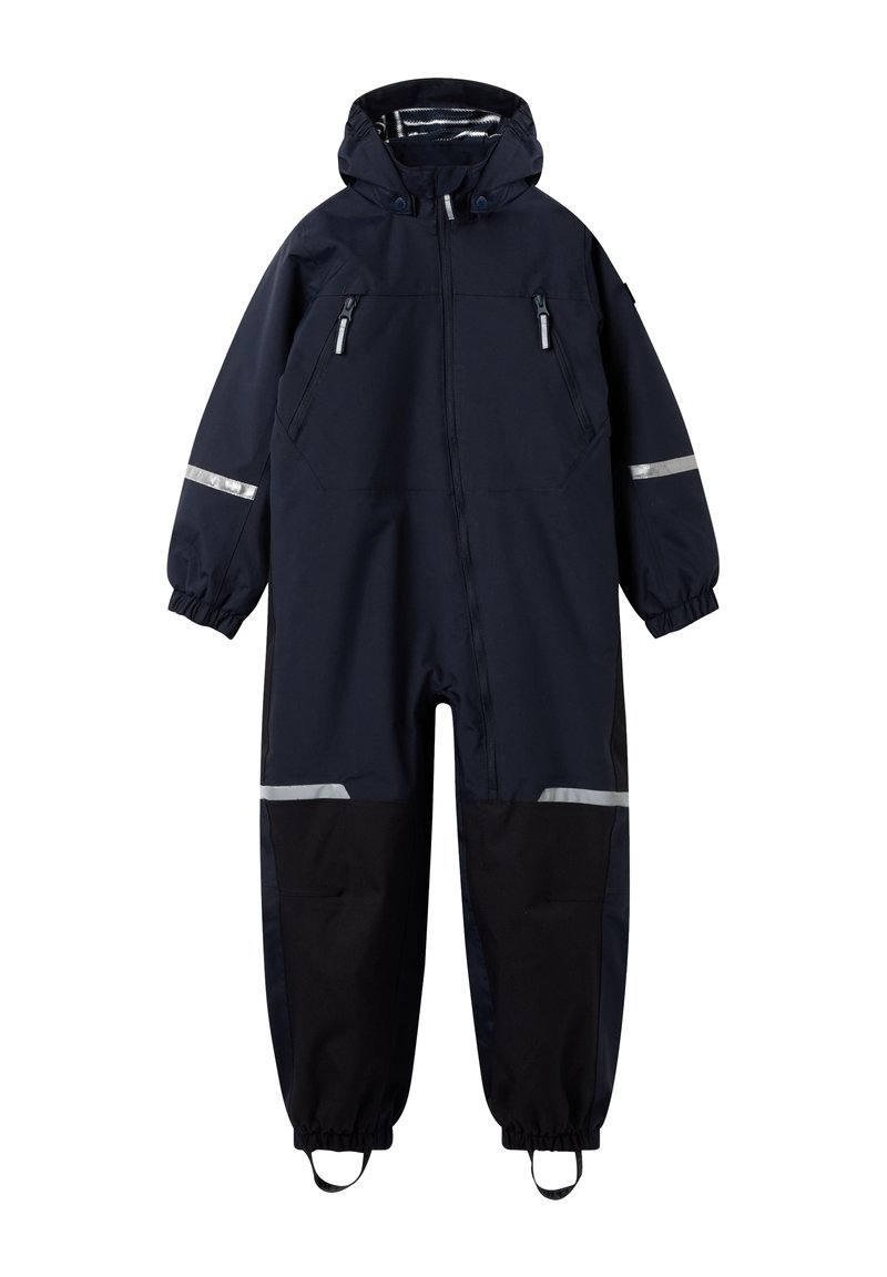 Marineblå vandtæt one-piece dragt til børn med hætte, frontlynlås, lynlåslommer på brystet, reflekterende striber og fodremme.