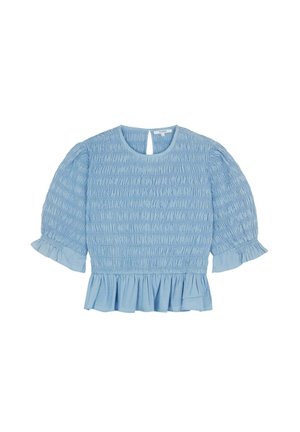 Blusa azzurro chiaro con texture arricciata, scollatura rotonda, dettaglio a fessura sul retro e maniche corte a sbuffo con polsini e orlo arricciati.