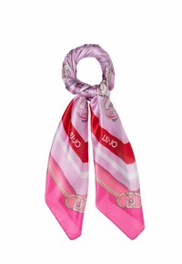 Bufanda de seda con un degradado de rayas rosas y rojas, con un patrón de cadenas y el logo "Liu Jo" integrado en el diseño.